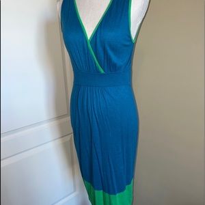 Vertigo Paris Dress S Sleeveless Knit Midi Sweater A-line V-neck Blue Green